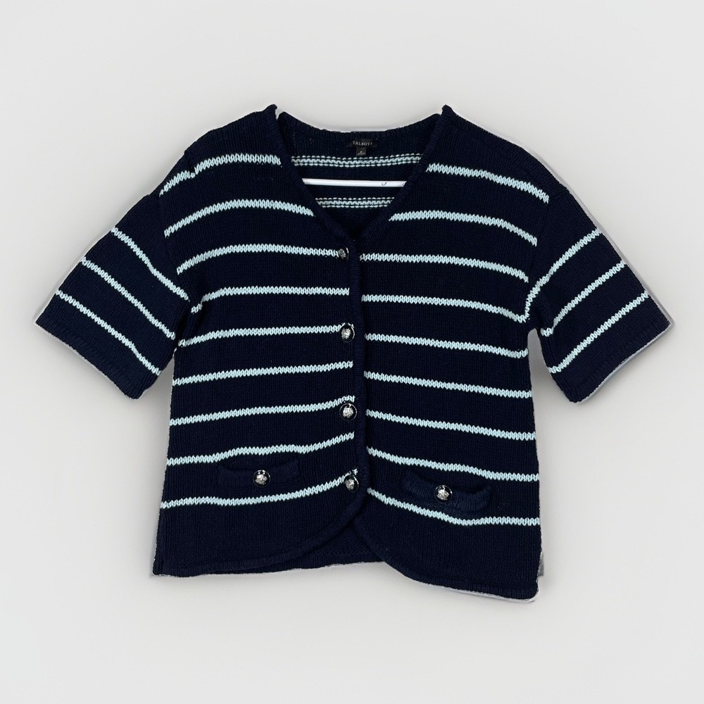 Talbots Medium Sweater Jacket Buttons Short Sleeve Stripes Cotton Blend